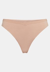 Huidkleurige bikini onderkant met een gladde textuur, met een V-vormig voorontwerp en drie horizontale strepen op de taille.