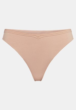 Huidkleurige bikini onderkant met een gladde textuur, met een V-vormig voorontwerp en drie horizontale strepen op de taille.
