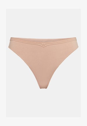 Parte inferiore di bikini color nude con una texture liscia, caratterizzata da un design frontale a V e tre strisce orizzontali in vita.