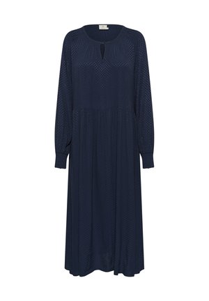 Mörkblå långärmad klänning i texturerad chiffong med rund halsringning och nyckelhål. Flytande A-linjeform med rynkad midja.
