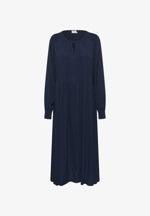 Himmelblaues Langarmkleid aus strukturiertem Stoff mit rundem Ausschnitt und Schlüssellochdetail. Fließende A-Linie mit gerafftem Taillenbereich.