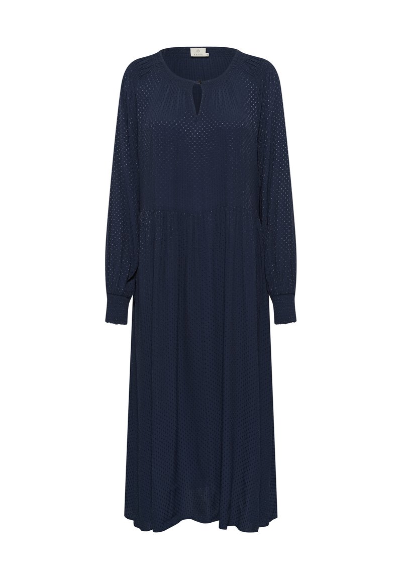 Himmelblaues Langarmkleid aus strukturiertem Stoff mit rundem Ausschnitt und Schlüssellochdetail. Fließende A-Linie mit gerafftem Taillenbereich.