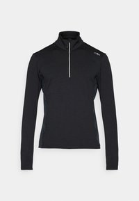 Maglione nero a maniche lunghe con zip a quarti, caratterizzato da un tessuto testurizzato, pannelli laterali a contrasto e logo sulla spalla sinistra.