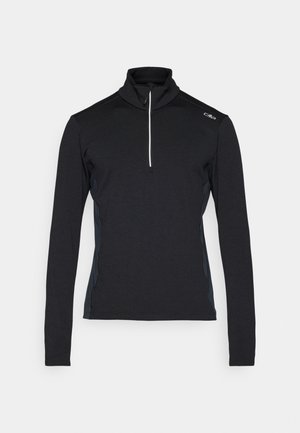 Maglione nero a maniche lunghe con zip a quarti, caratterizzato da un tessuto testurizzato, pannelli laterali a contrasto e logo sulla spalla sinistra.