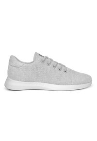 Light gray sneaker made from textured mesh material with a round toe, six eyelets, and a smooth white sole. Simple and modern design.