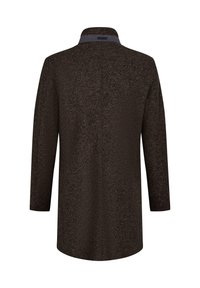 Brown textured coat with long sleeves, a high collar, and a contrasting gray accent at the neck. Smooth, sophisticated fabric finish.