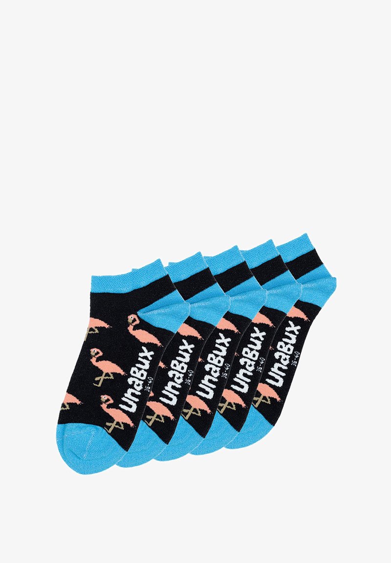 Schwarze Socken mit blauen Bündchen, die pinkfarbene Flamingo-Designs und das Branding "UnaBux" zeigen. Fünf Paar ausgestellt, mit glatter Textur.
