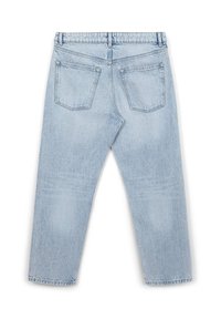 Jeans in denim azzurro chiaro con vita elasticizzata, due tasche posteriori e design a gamba dritta con una texture leggermente sbiadita.