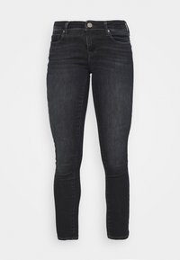 Black denim jeans with a slim fit, five-pocket design, metal button closure, and subtle fading throughout the fabric.