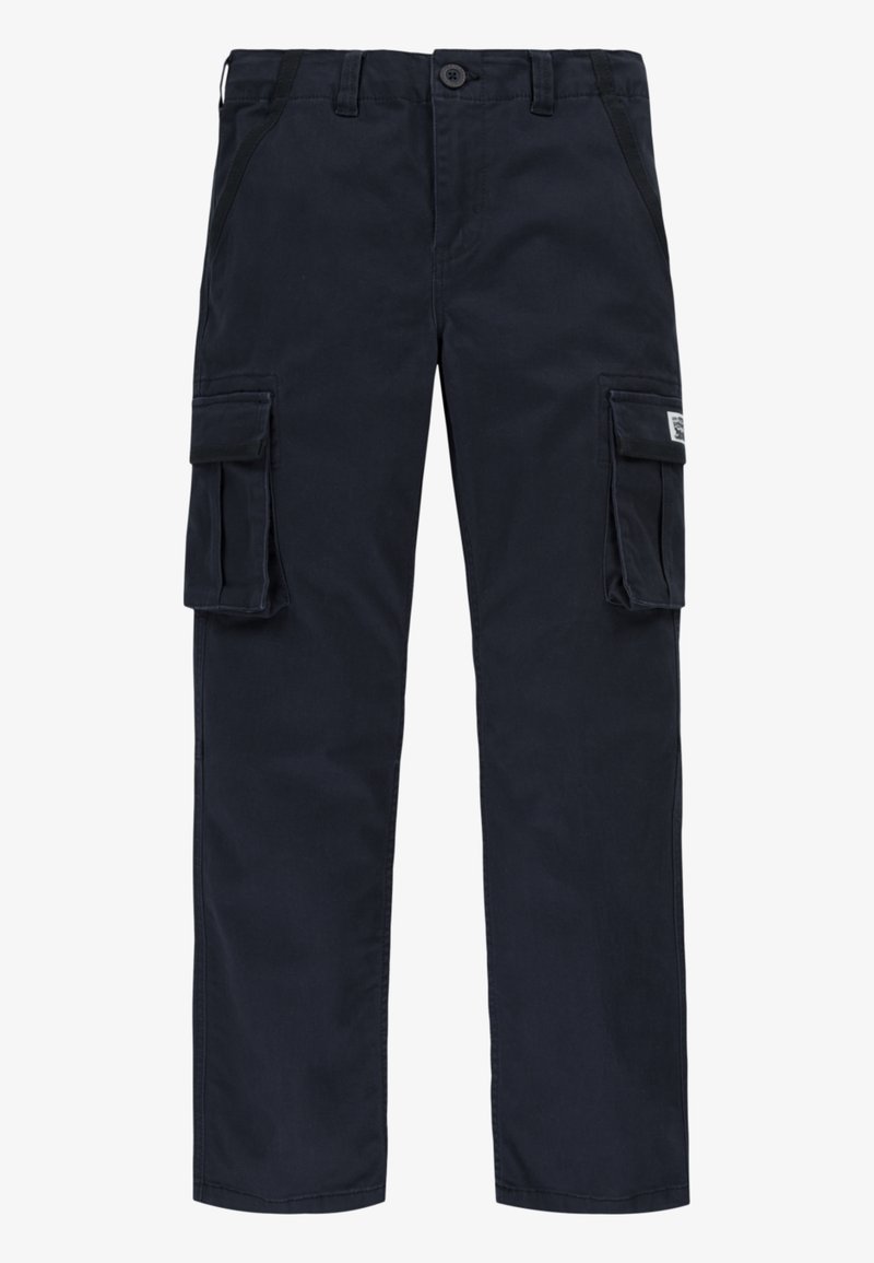 Pantaloni cargo navy in cotone, dotati di due tasche laterali, due ampie tasche cargo e chiusura con bottone. Design davanti piatto, vestibilità gamba dritta.