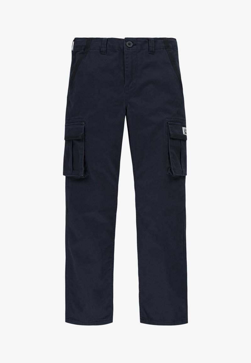 Pantaloni cargo navy in cotone, dotati di due tasche laterali, due ampie tasche cargo e chiusura con bottone. Design davanti piatto, vestibilità gamba dritta.