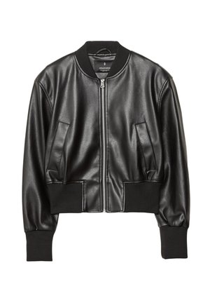 Giubbotto bomber in pelle nera con polsini e colletto a coste, dotato di zip frontale e due tasche laterali, texture liscia e vestibilità corta.