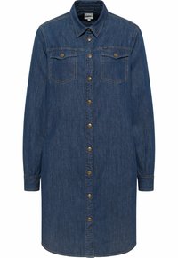 Dunkelblauses Denim-Hemdkleid mit langen Ärmeln, Knopfleiste vorne und zwei Brusttaschen mit Klappen und Knöpfen.