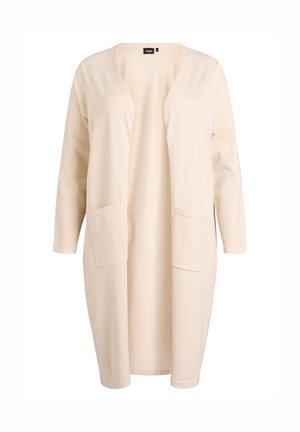 Beige kofta av mjukt tyg, med V-ringning, öppen front, långa ärmar och två framfickor. Minimalistisk design utan knäppningar.