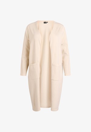 Beige cardigan lavet af blødt stof med V-hals, åben front, lange ærmer og to forlommer. Minimalistisk design uden lukninger.