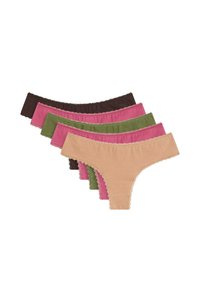 Cinq strings en coton bordés de dentelle en beige, rose, vert, rose et marron foncé, empilés de manière décalée.