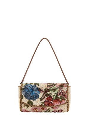 Bolso rectangular con asa marrón, cubierto con cuentas multicolores que forman patrones florales en azul, rojo, rosa, verde y crema.