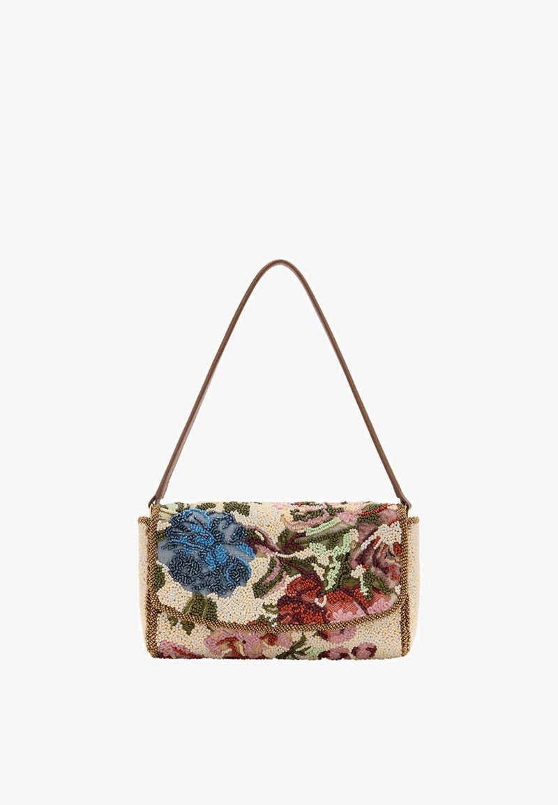 Sac à main rectangulaire avec sangle marron, couvert de perles multicolores formant des motifs floraux en bleu, rouge, rose, vert et crème.