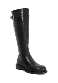Knee-high black leather boots with a smooth finish, a buckled strap at the top, and a low, sturdy sole for stability.