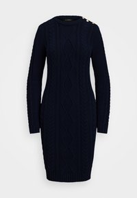 BUTTON TRIM ARAN KNIT SWEATER DRESS - Robe fourreau - navy