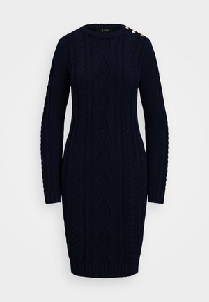 Navy blue knitted sweater dress featuring textured cable patterns, long sleeves, tapered fit, and decorative gold buttons on the shoulder.