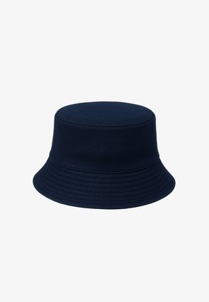 Navy blue bucket hat made of textured fabric, featuring a round crown and a wide, flexible brim with vertical ribbing details.