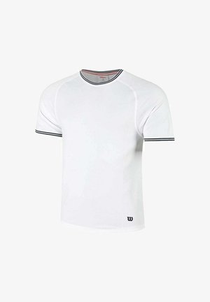 T-shirt bianco a maniche corte con colletto rotondo, caratterizzato da rifiniture nere sulle maniche e sul colletto, realizzato in un tessuto leggero e traspirante. Logo Wilson sull'orlo.