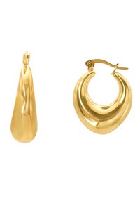 Boucles d'oreilles en ton or présentant une forme en goutte d'eau à gauche et une forme en croissant à droite, avec une finition polie et un fermoir à charnière.