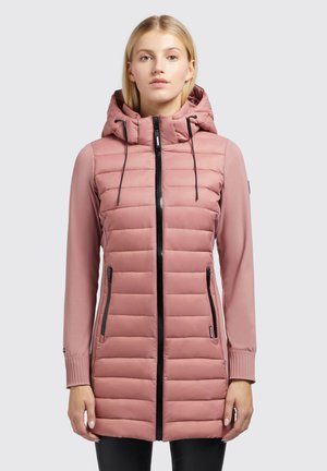 Pink puffer jacket with a fitted design, zippered front, adjustable hood, and two side pockets. Smooth sleeves and ribbed cuffs.