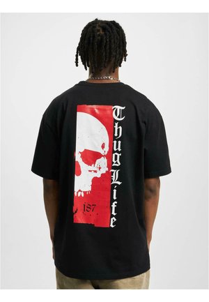 Black cotton t-shirt featuring a large red and white graphic with a skull, text "Thug Life," and the number "187" on the back.