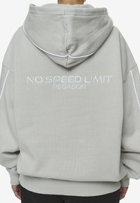Gray hoodie featuring a large embroidered "NO SPEED LIMIT" and "PEGADOR" on the back. Designed with a relaxed fit and ribbed cuffs.