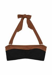 Crna bandeau bikini gornji dio s smešnim obrubom i vezanjem oko vrata u obliku mašne.