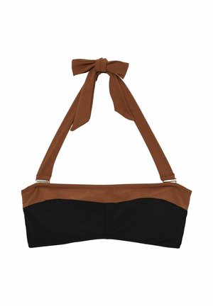 Haut de bikini bandeau noir avec finition marron et nœud halter.