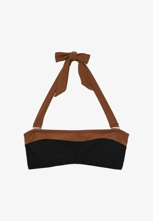 Top de bikini negro tipo bandeau con detalles marrones y cierre de lazo en el cuello.