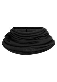 Svart halskrage i mjukt tyg, med en insamlad design och slät textur med logodetalj. Lämplig för olika aktiviteter.