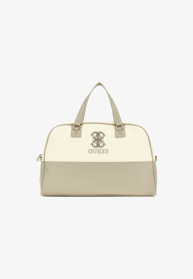 Borsa a duffel beige e crema con emblema cucito, in morbida finta pelle, doppi manici superiori e chiusura con zip.