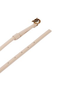 Bretelle en cuir beige avec des éléments en métal doré en forme d'abeille. Comprend plusieurs trous de réglage le long de la longueur pour un ajustement personnalisé.