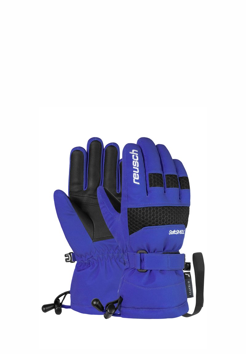 Blue and black winter gloves with adjustable straps, textured grip pads, and "reusch" and "SoftSHELL" branding on the back.