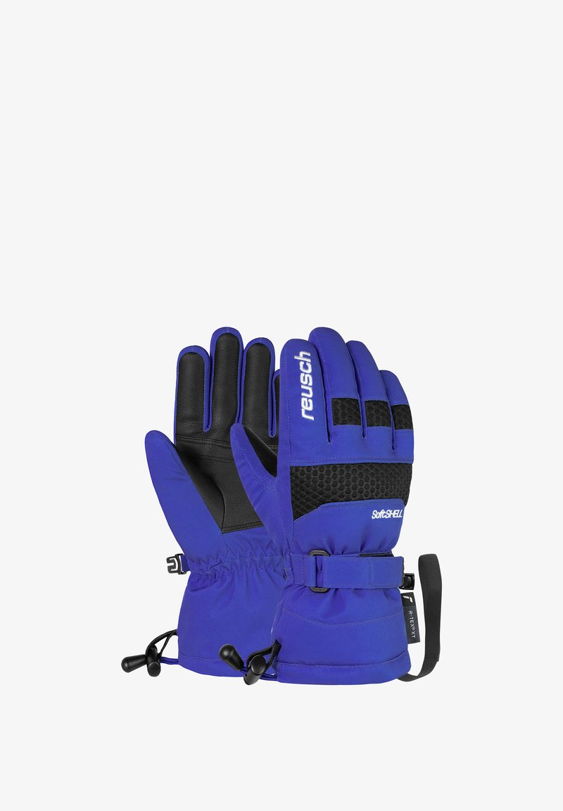 Guanti invernali blu e neri con cinturini regolabili, pad di presa texture e i marchi "reusch" e "SoftSHELL" sul retro.