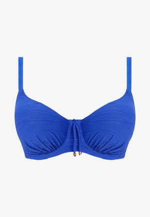 Top de bikini azul con aros, fabricado en un material texturizado, con tirantes ajustables y un detalle de lazo en el frontal que cuenta con acentos en tono dorado.