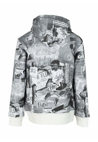 Felpa con cappuccio caratterizzata da un design collage in bianco e nero che presenta immagini atletiche, mappe e testi; realizzata in un materiale misto cotone con dettagli testurizzati.