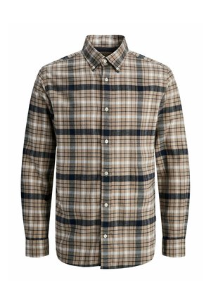 Srajca s dolgimi rokavi in gumbi, z bež, črno, belo in sivo karirano zanko ter gumbasto ovratnikom.