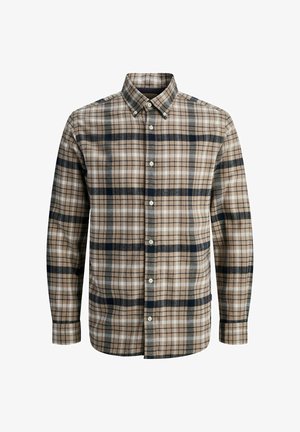 Langarm overhemd met een beige, zwarte, witte en grijze ruitpatroon en een knoopsluiting bij de kraag.