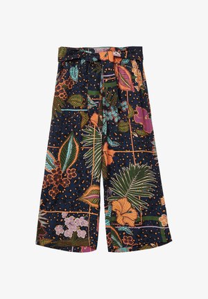 Pantalons larges en bleu marine avec un motif floral vibrant. Fabriqués en tissu léger, ils présentent une taille à nouer et des accents de feuilles colorées.
