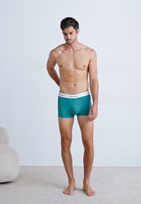 teal boxershorts med hvid elastisk talje. Modellen har et neutralt udtryk og står på en lys tæppeoverflade.