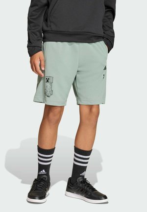 Osoba v svetlozelených šortkách s potlačou pixelovaného charakteru, čiernych ponožkách Adidas, čiernych teniskách a čiernom tričku s dlhými rukávmi.