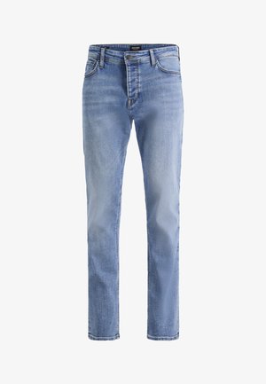 Jean denim bleu clair à jambes droites avec bouton à l'avant, fermeture éclair et design à cinq poches, fabriqué par Jack & Jones.