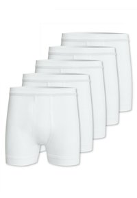 Five pairs of white cotton boxer briefs. Features a ribbed texture, elastic waistband, and mid-thigh length with a front opening.