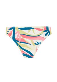 Flerfärgad bikiniunderdel med olika bladmönster i rosa, grönt och blått på en vit bakgrund. Slät, elastisk tyg.