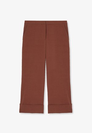 Bruine cropped broek met omslagen, zijzakken en een verborgen voorpand sluiting.